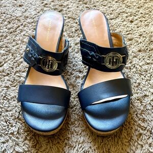Tommy Hilfiger Black Leather Slide Mules with Gold Logo